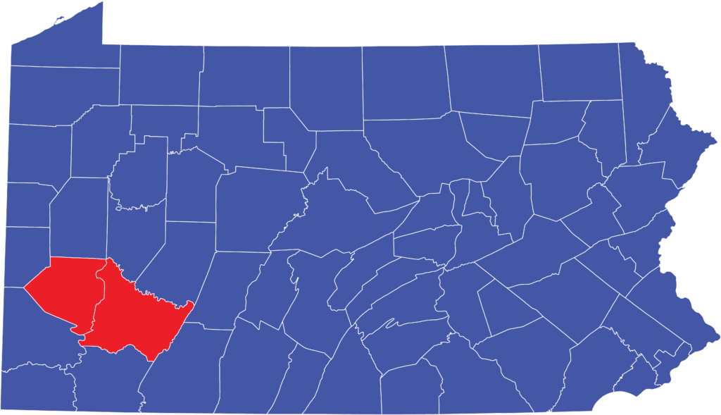 Map of Pennsylvania showing Ventec refrigeration serves Allegheny, Washing, and Westmoreland County in Pennsylvania